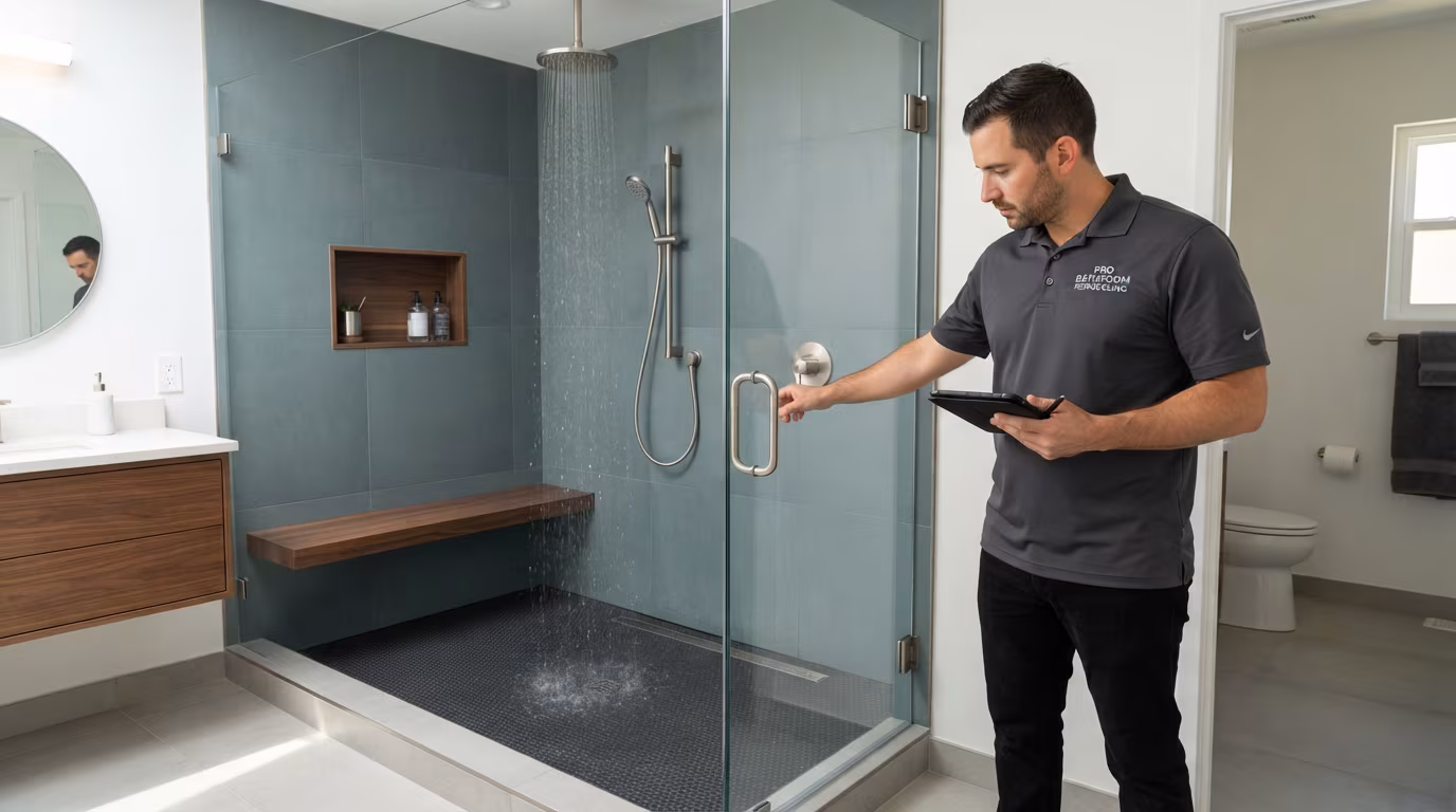 Glass shower panel and fixtures after tile
