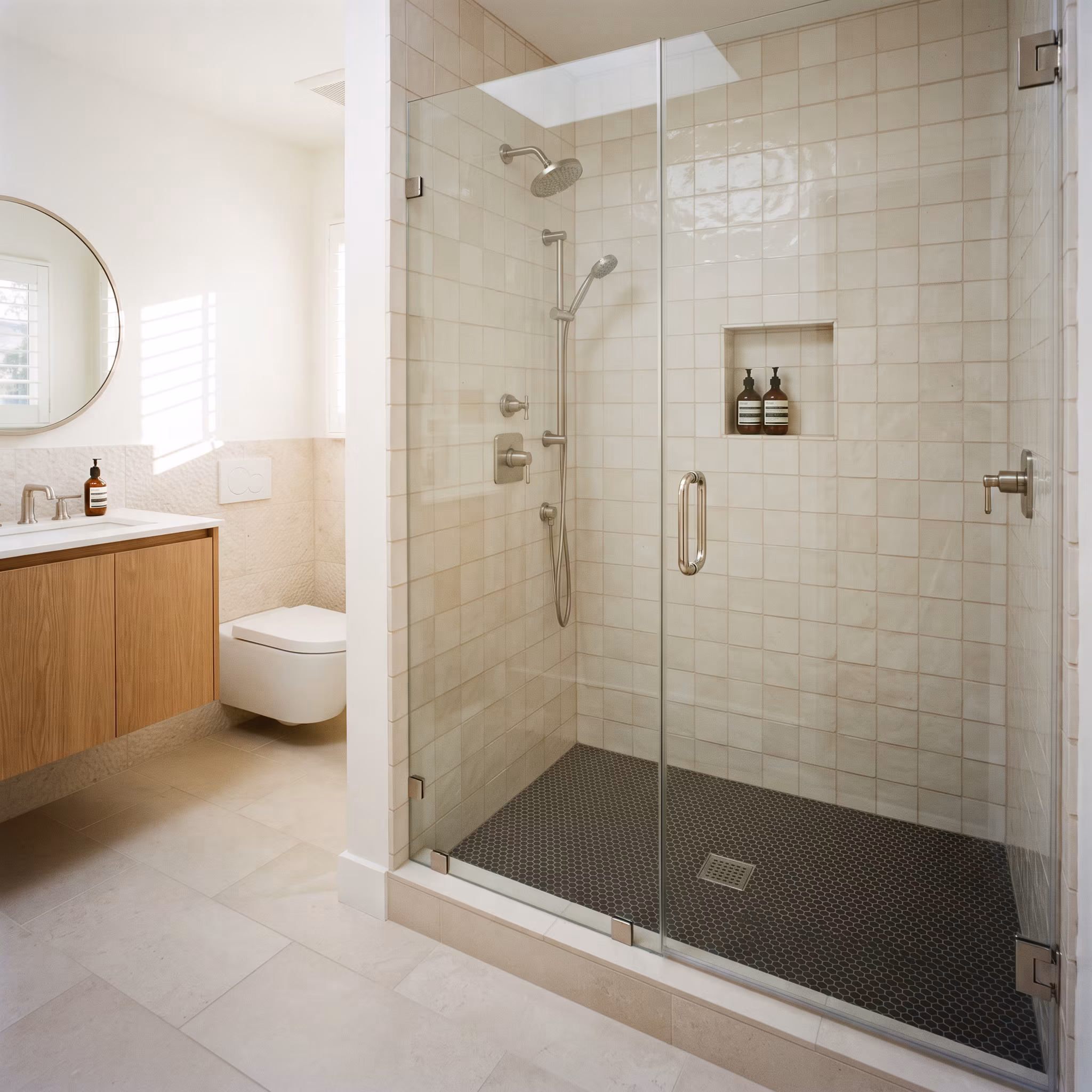 Tiled shower walls and pebble floor