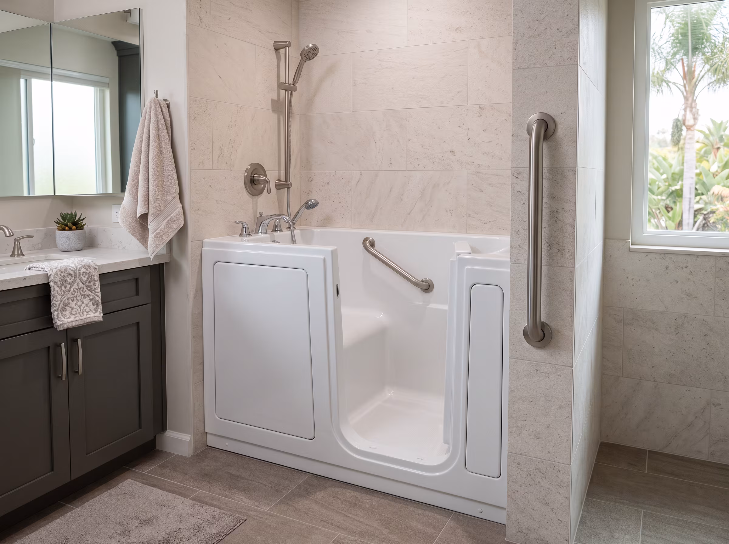 Spacious bathroom with clear movement space around the tub for support during entry