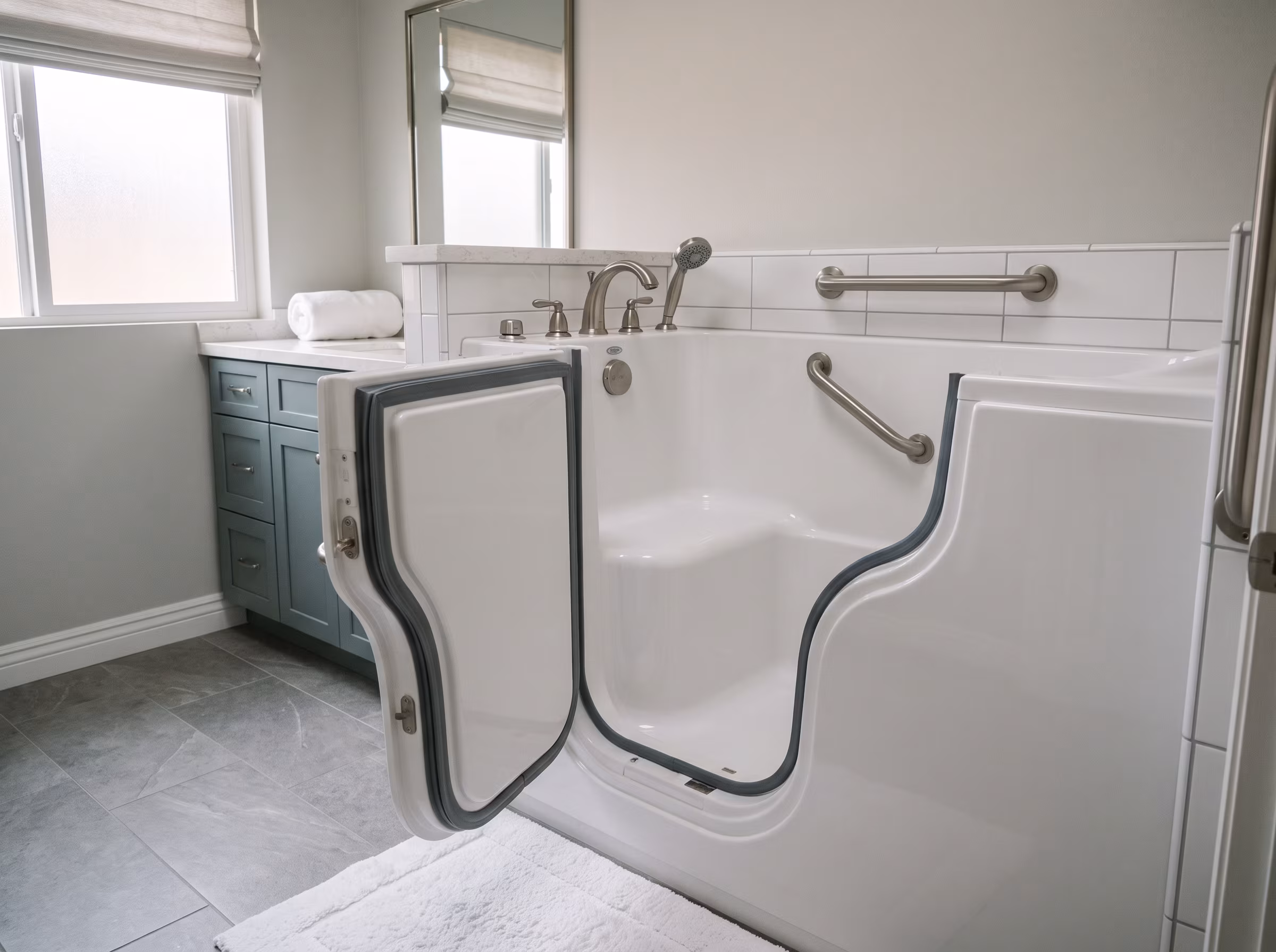 Alcove bathtub with a tiled surround and a door-height entry wall