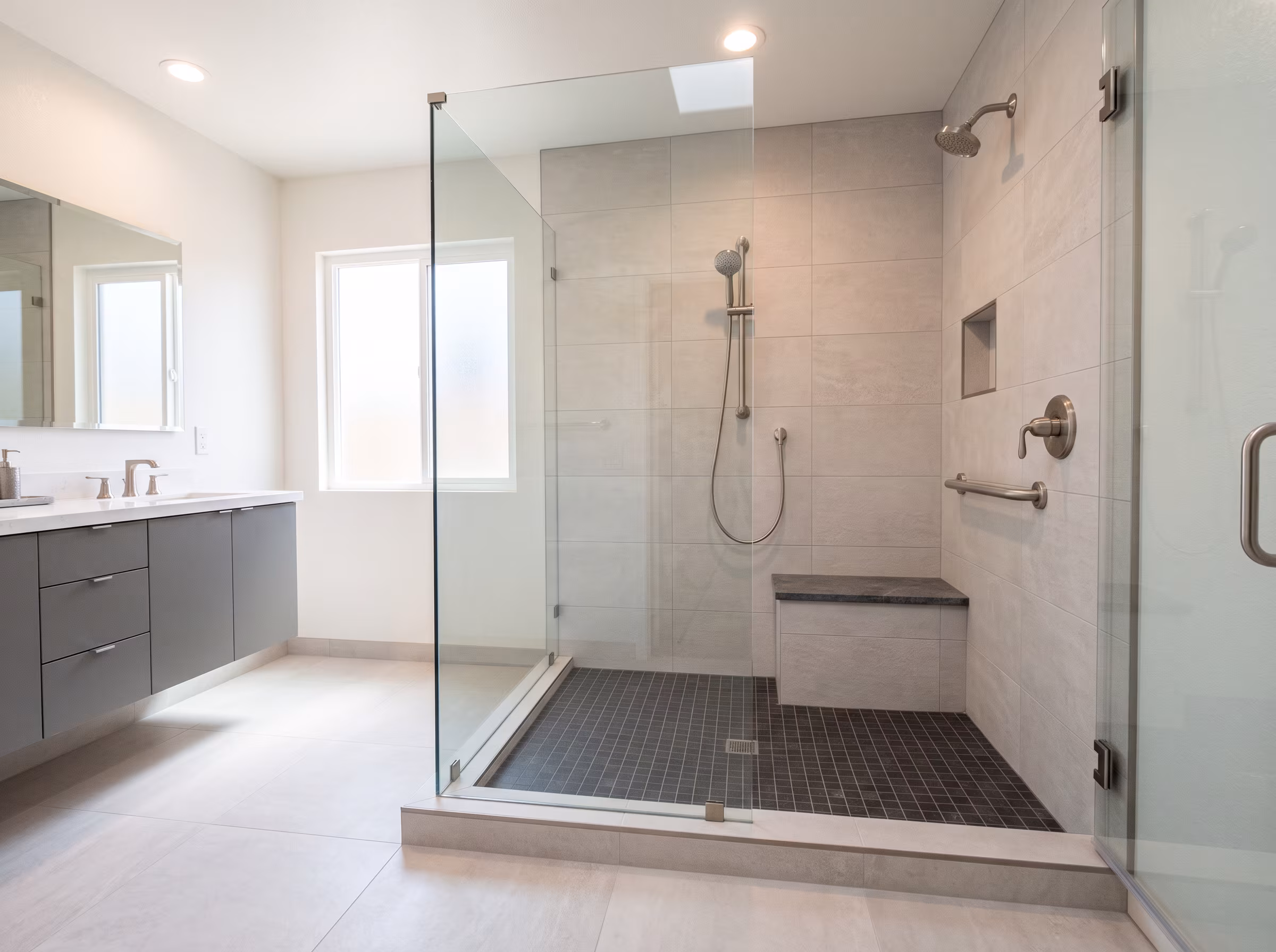 Low-threshold walk-in shower with a handheld wand and open entry