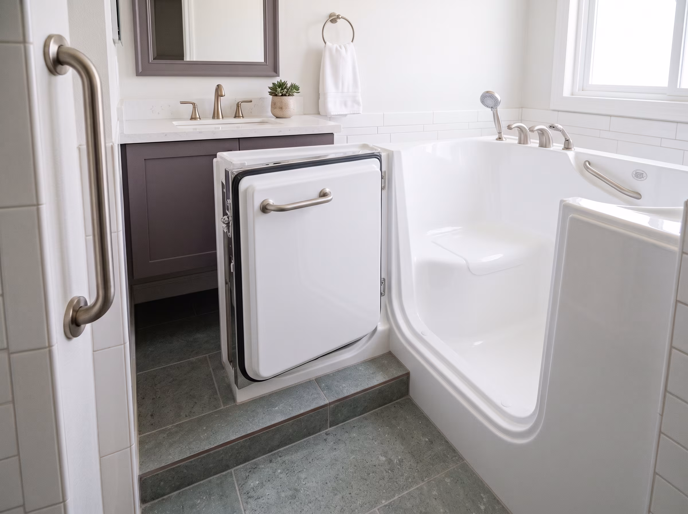 Raised tub platform with a lower step into the bathing area