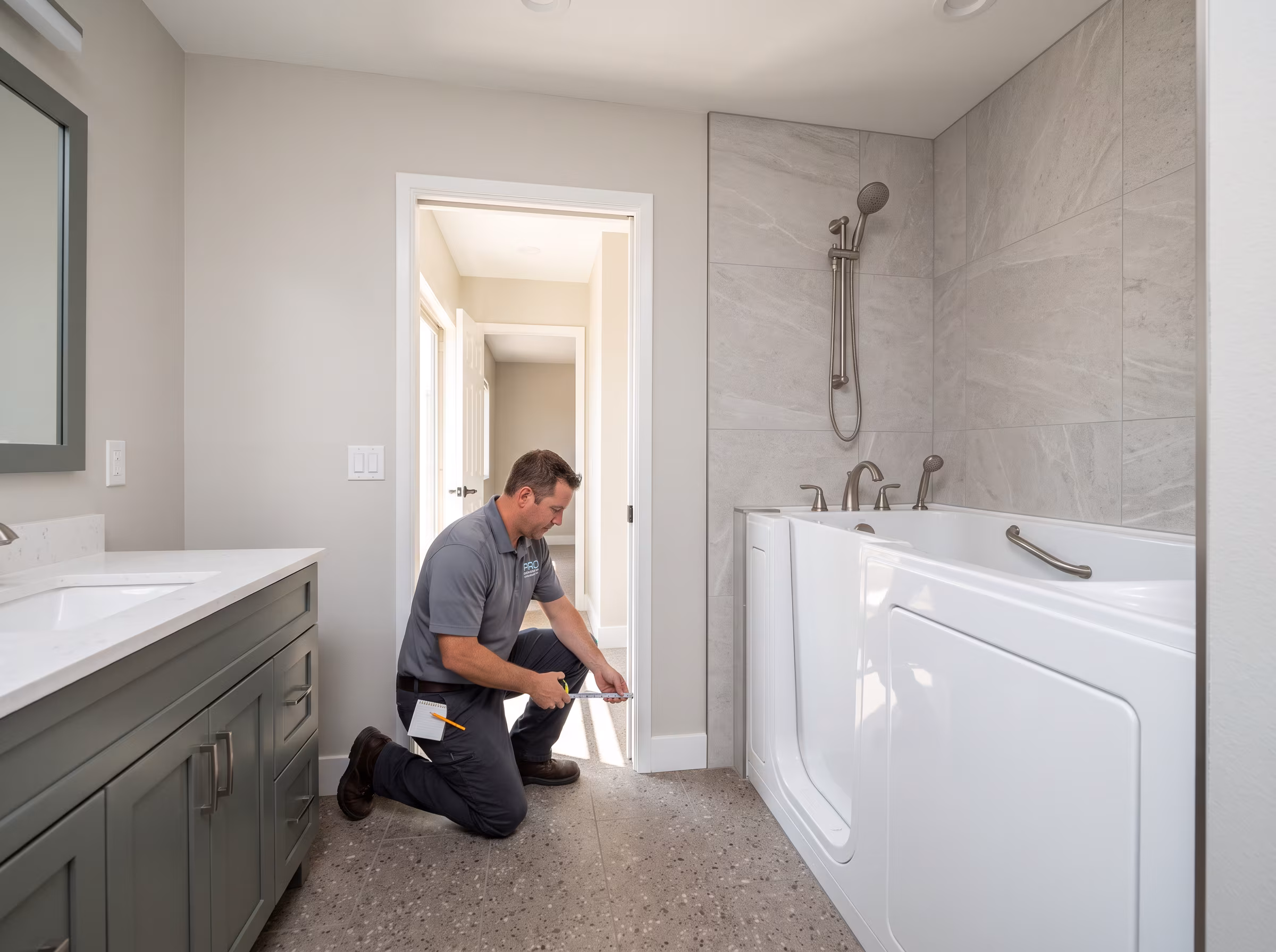 Bathroom with a built-in soaking tub, open floor area and a clear path from the doorway