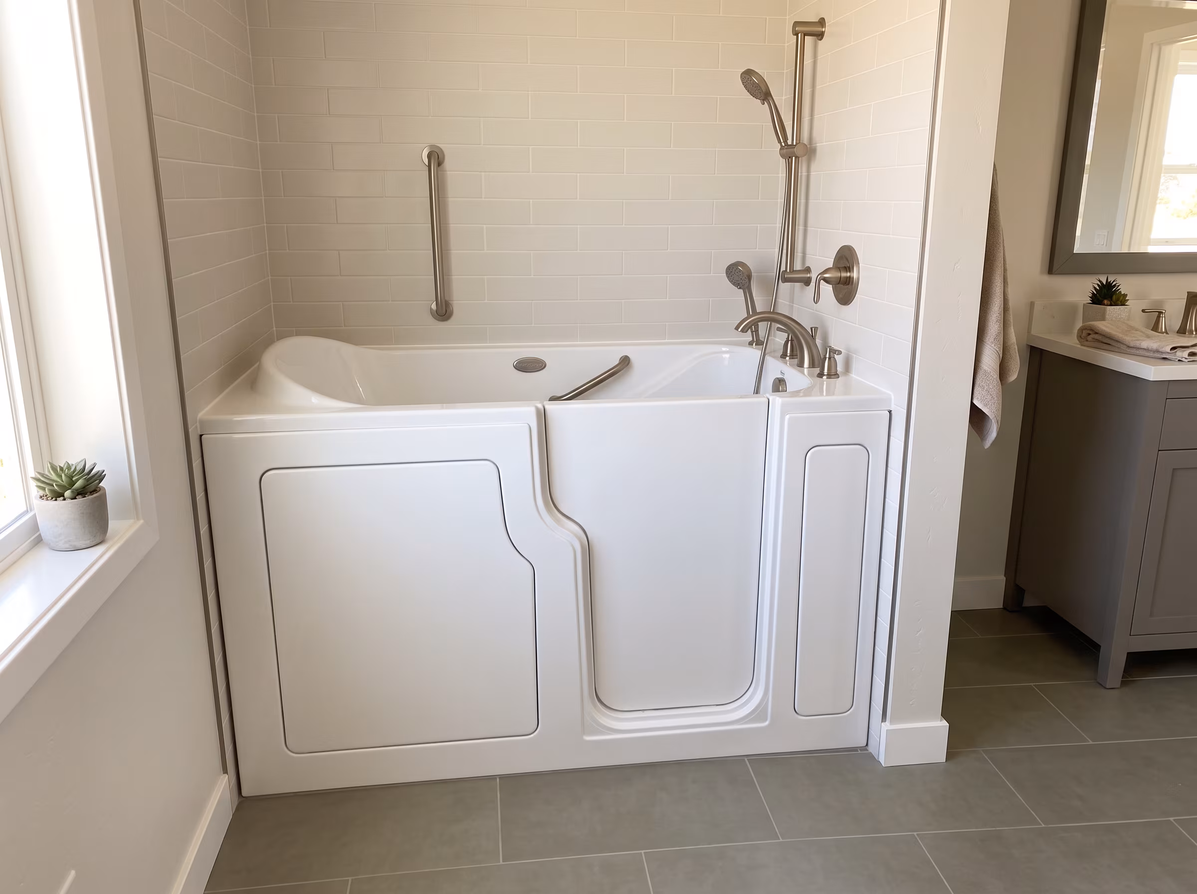 Soaking tub for seated immersion in a residential bathroom