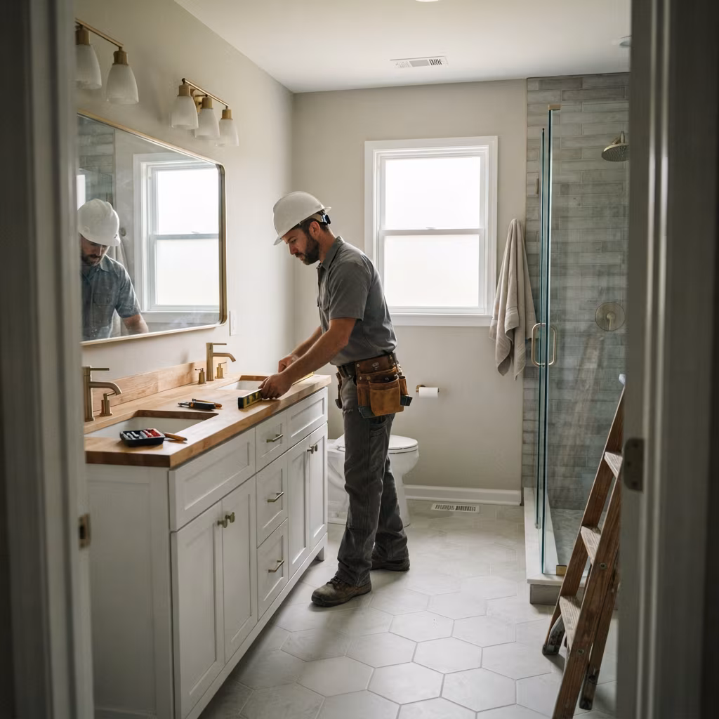 Finished primary bathroom with soaking tub and vanity